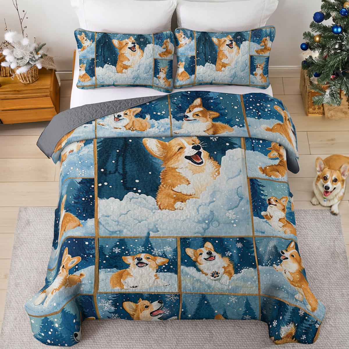 Shineful All Season Quilt 3-Piece Set Happy Snowy Corgi