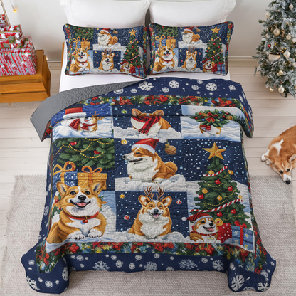 Shineful All Season Quilt 3-Piece Set Christmas Corgi Love