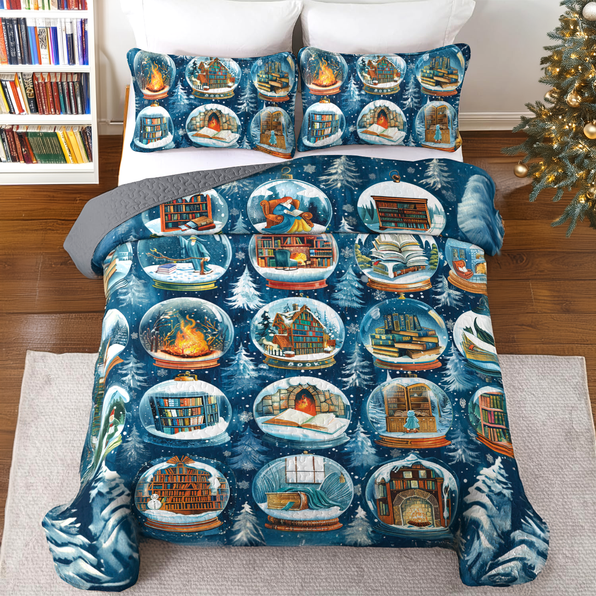 Shineful All Season Quilt 3-Piece Set Frosty Bibliophile's Dream