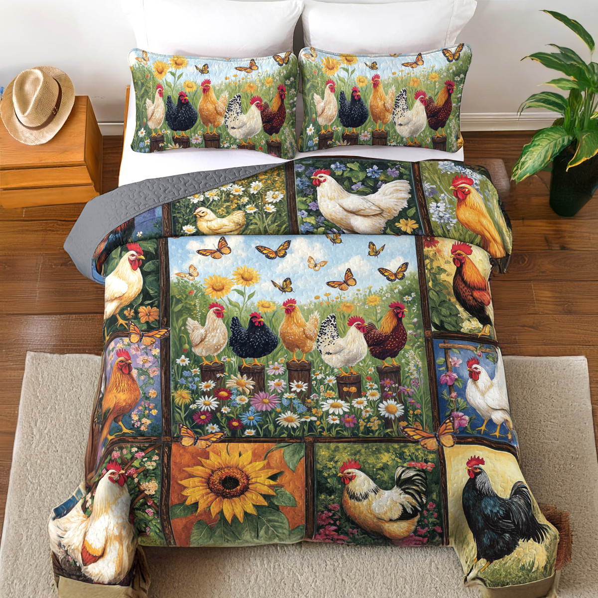 Shineful All Season Quilt 3-Piece Set Chicken Garden Charm