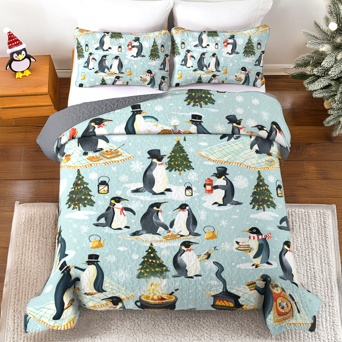 Shineful All Season Quilt 3-Piece Set Emperor Penguin Holiday Fun