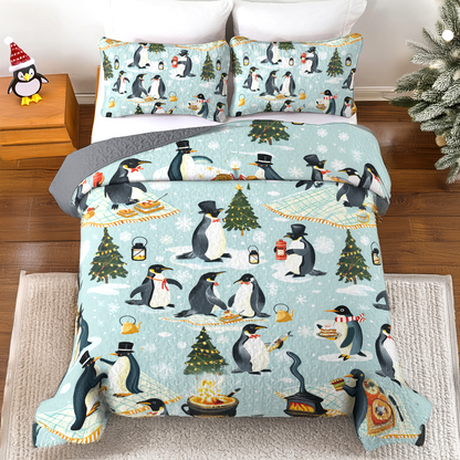 Shineful All Season Quilt 3-Piece Set Emperor Penguin Holiday Fun