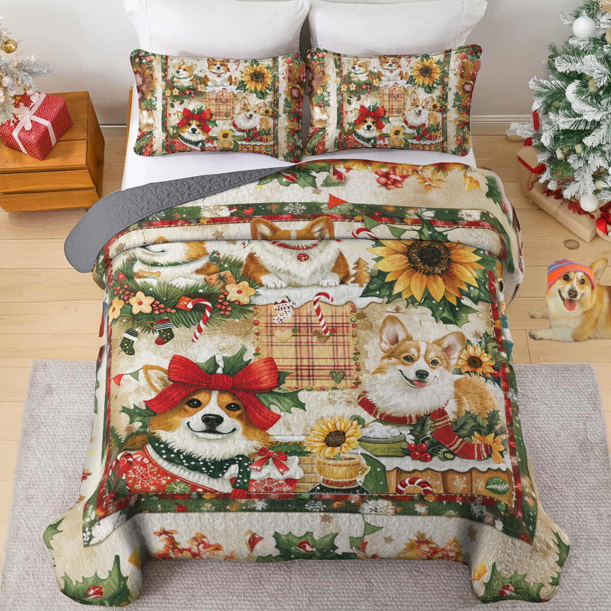 Shineful All Season Quilt 3-Piece Set Merry Corgi Christmas