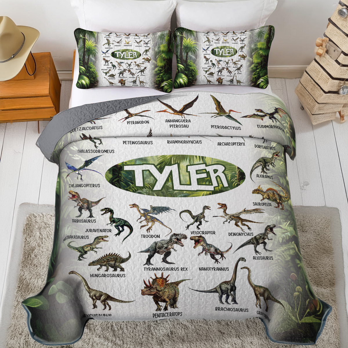 Shineful Personalized All Season Quilt 3-Piece Set Dinosaur White Alphabet