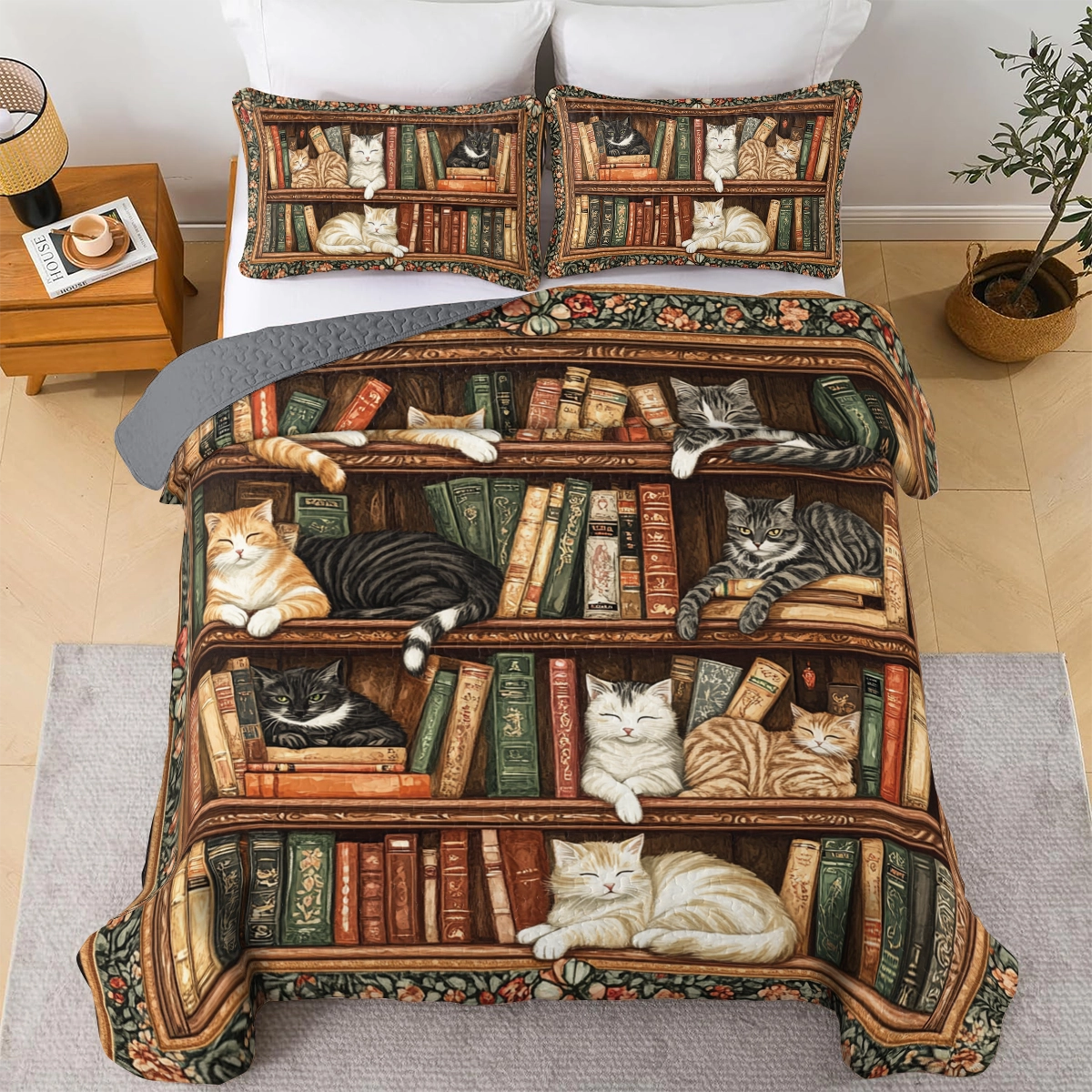 Shineful All Season Quilt 3-Piece Set Book Nook Cats Reading