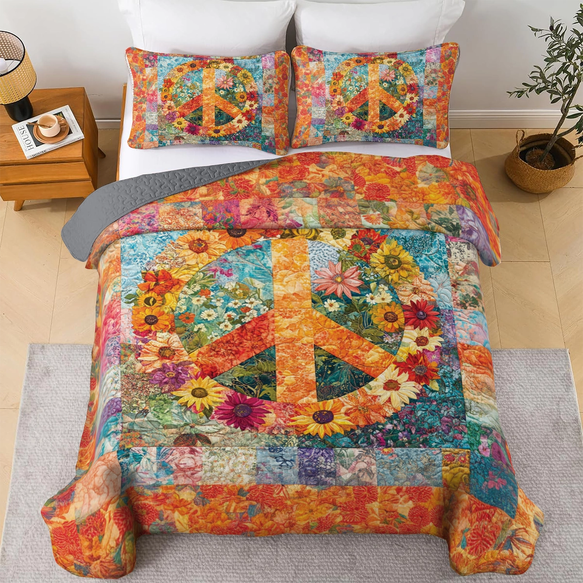 Shineful All Season Quilt 3-Piece Set Hippie Floral Unity