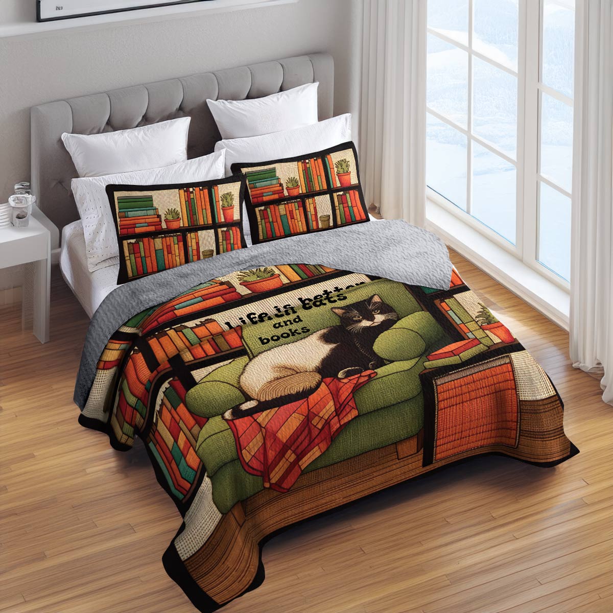 Shineful All Season Quilt 3-Piece Set Cats & Books