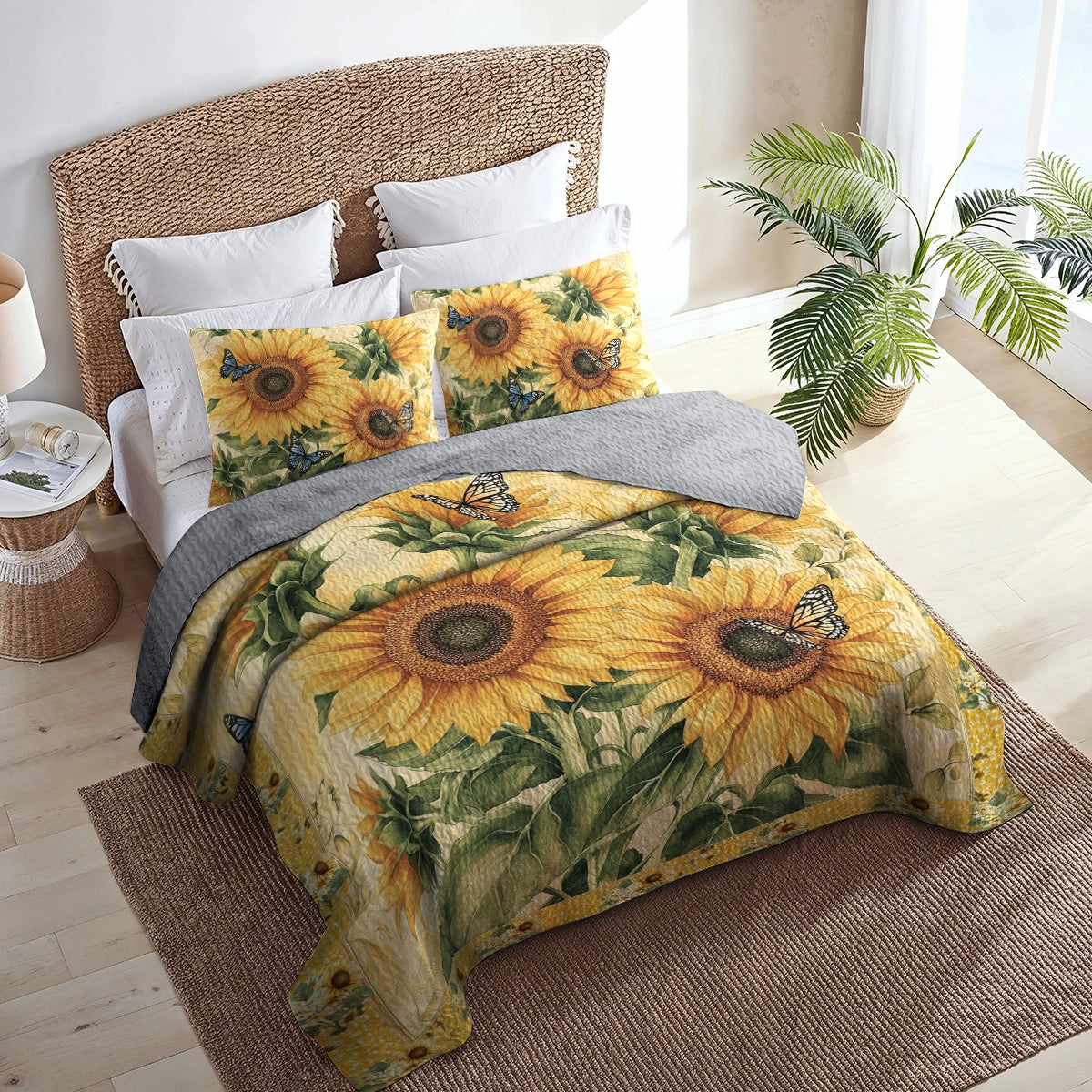 Ensemble de courtepointe toutes saisons Shineful 3 pièces - Golden Sunflower Dreams