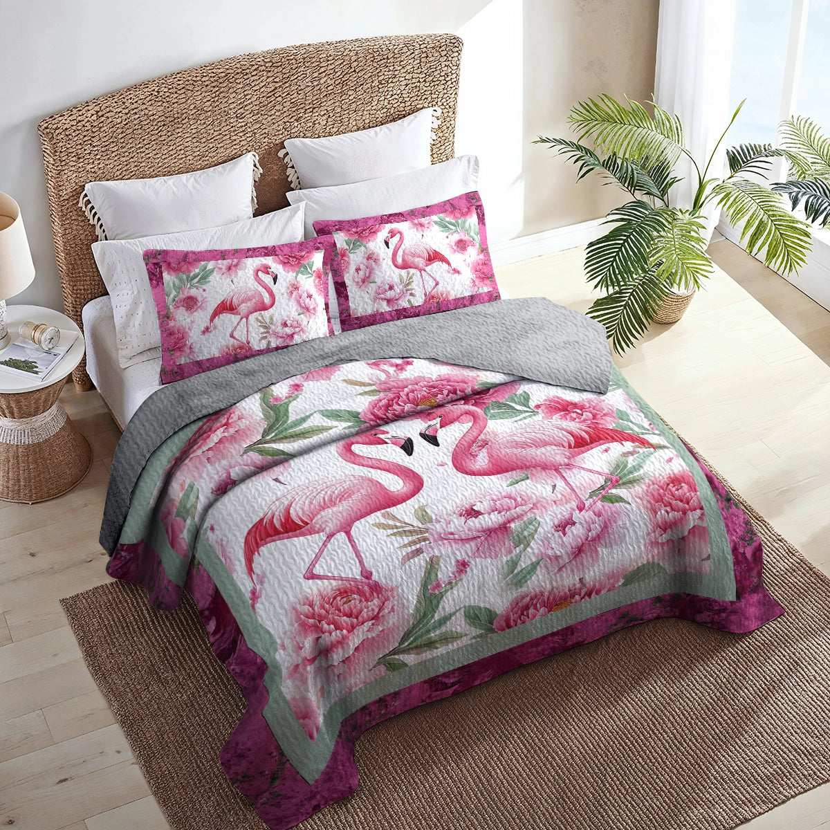 Shineful All Season Quilt 3-Piece Set - Flamingo Blossom