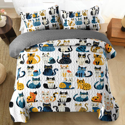 Shineful All Season Quilt 3-Piece Set Blue Pattern Cat