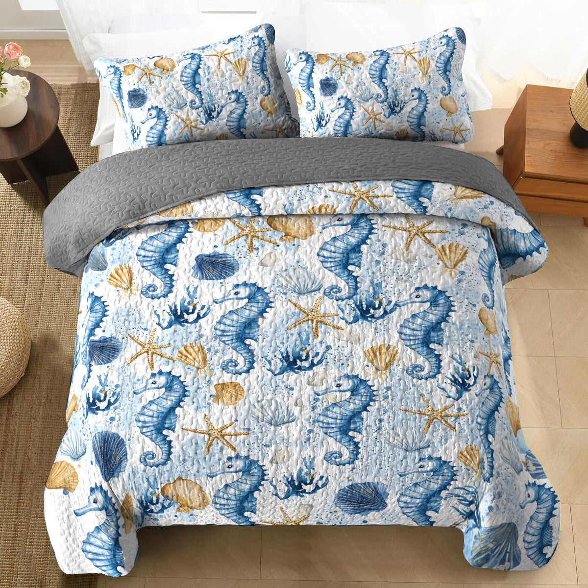 Shineful All Season Quilt 3-Piece Set - Seahorse Ocean Dream Quilt