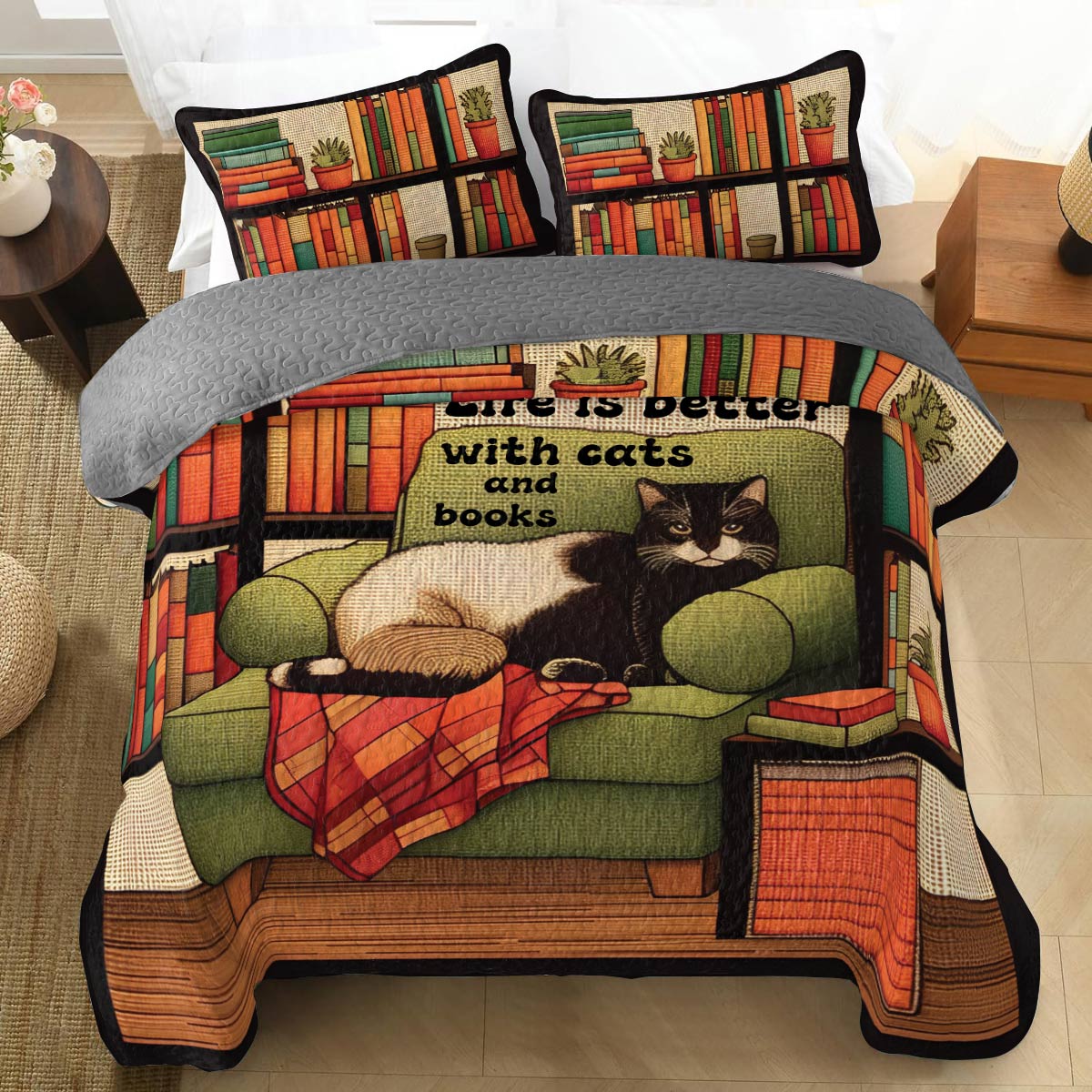 Shineful All Season Quilt 3-Piece Set Cats & Books