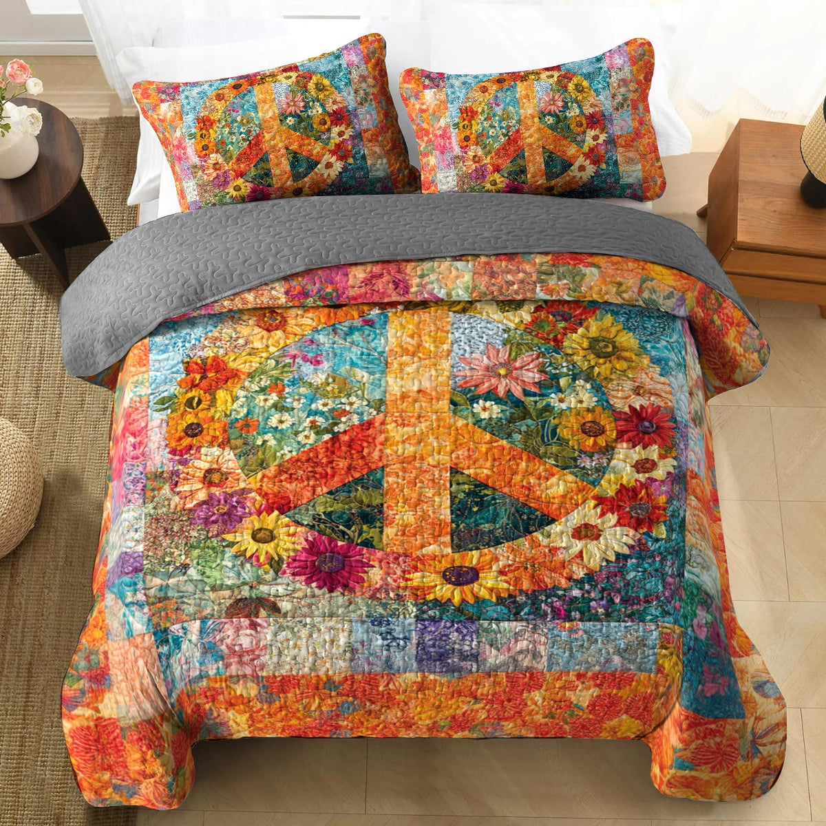 Shineful All Season Quilt 3-Piece Set Hippie Floral Unity