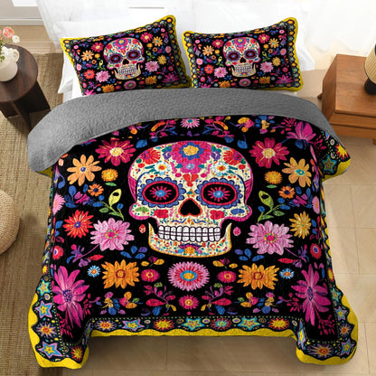 Shineful All Season Quilt 3-Piece Set - Vibrant Skull Floral