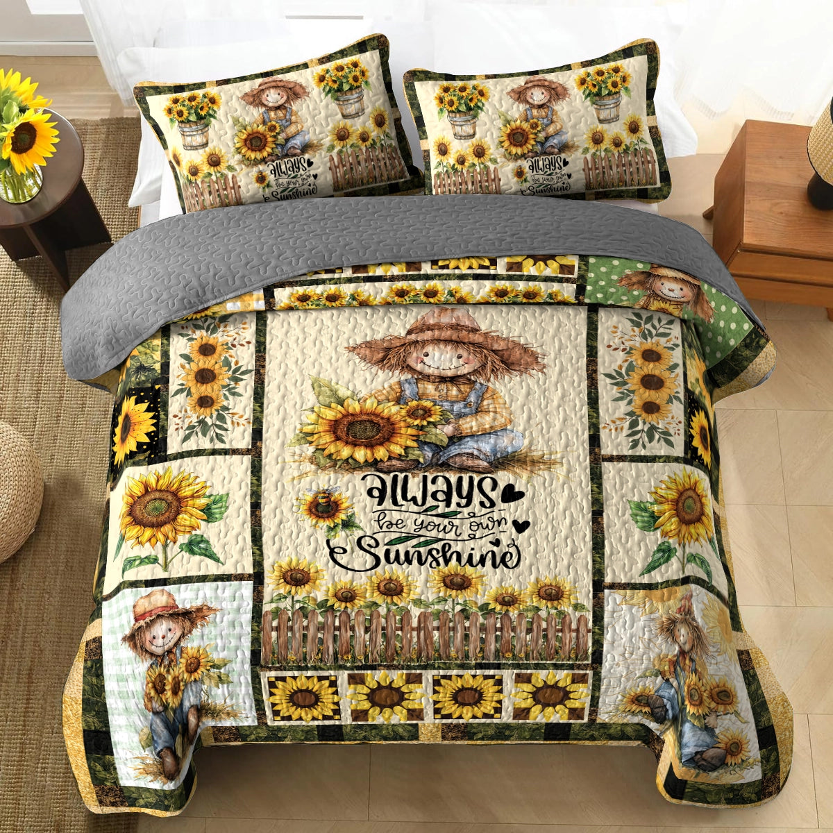 Shineful All Season Quilt 3-Piece Set Happy Sunflower Farm Scarecrow