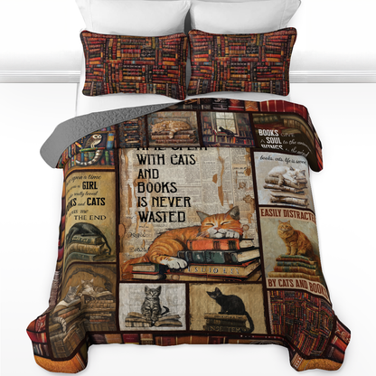 Shineful All Season Quilt 3-Piece Set Purrfectly Literary Bookish Cat