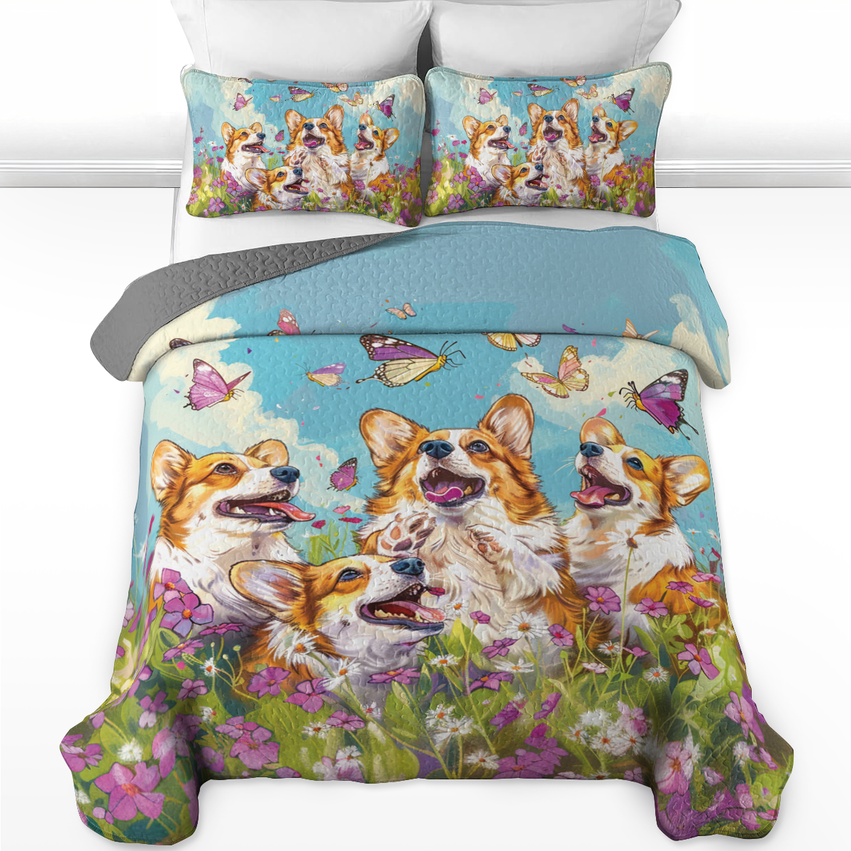 Shineful All Season Quilt 3-Piece Set Butterfly Corgi Joy