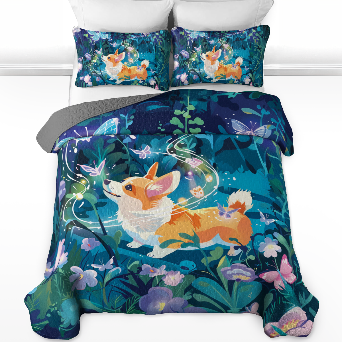 Shineful All Season Quilt 3-Piece Set Corgi Enchanted Garden