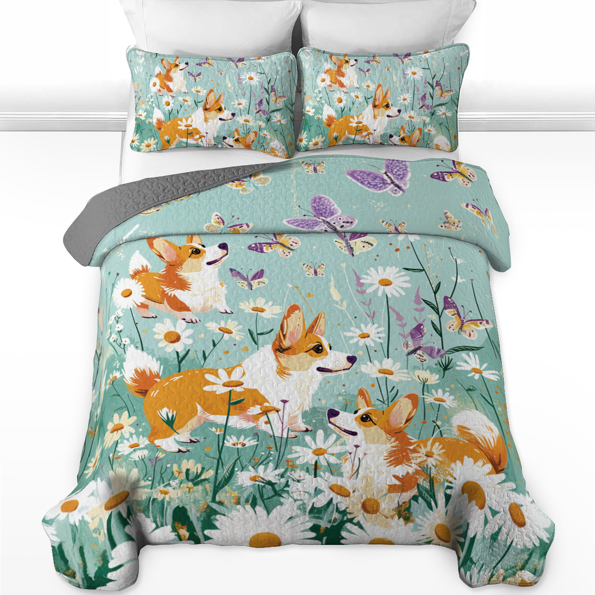 Ensemble de courtepointe toutes saisons Shineful 3 pièces Corgi Daisy Dreams