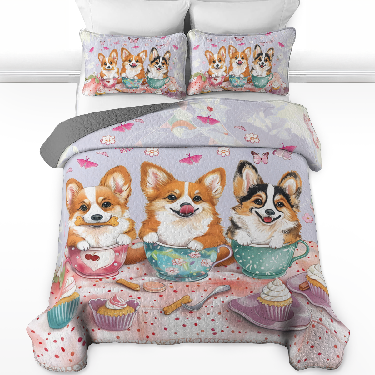 Shineful All Season Quilt 3-Piece Set Pink Tea Party Corgis