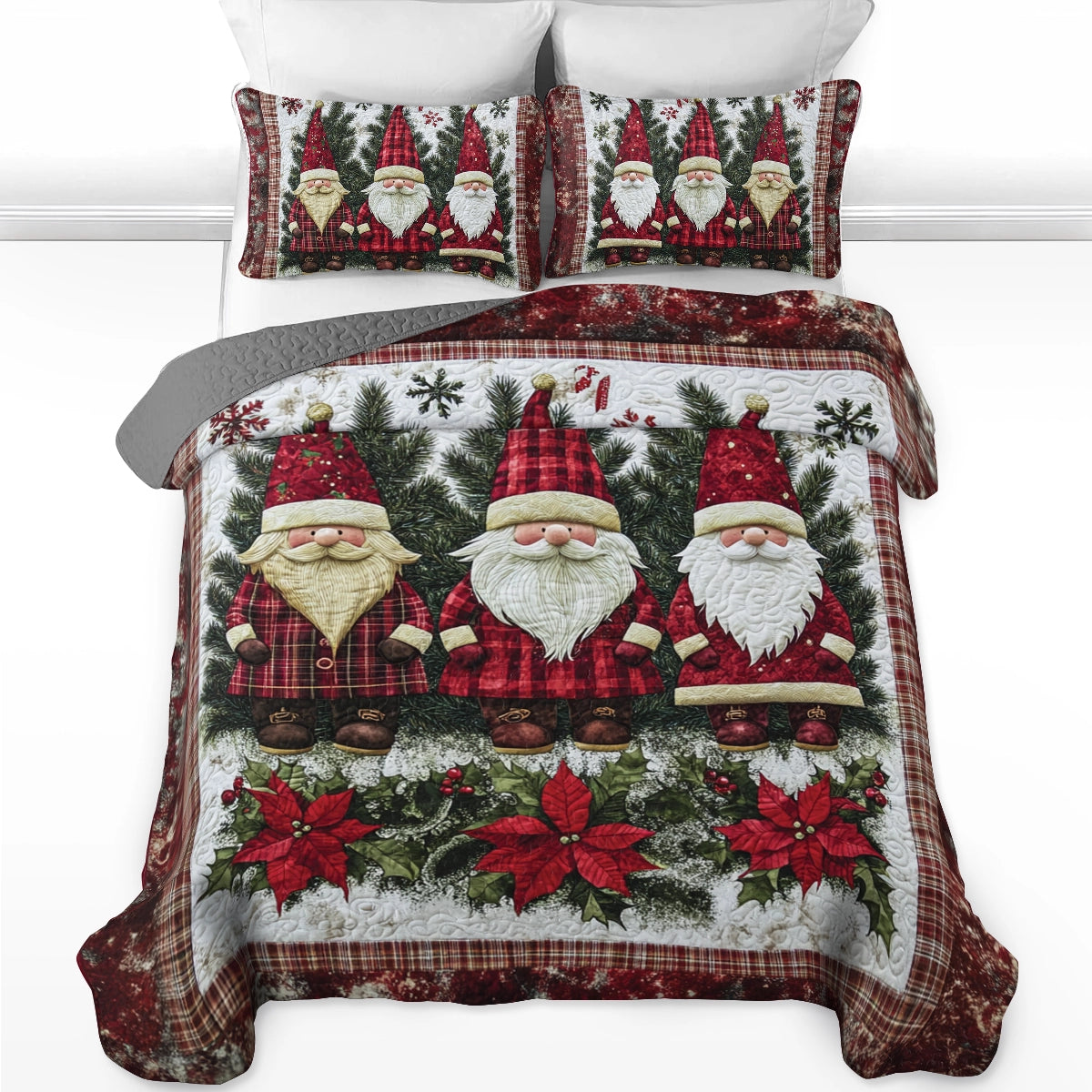 Shineful All Season Quilt 3-Piece Set Christmas Plaid Gnome Wonderland