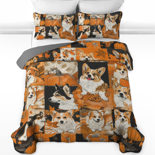 Ensemble de courtepointe toutes saisons Shineful 3 pièces Fluffy Corgi Automne