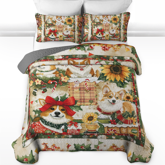 Shineful All Season Quilt 3-Piece Set Merry Corgi Christmas