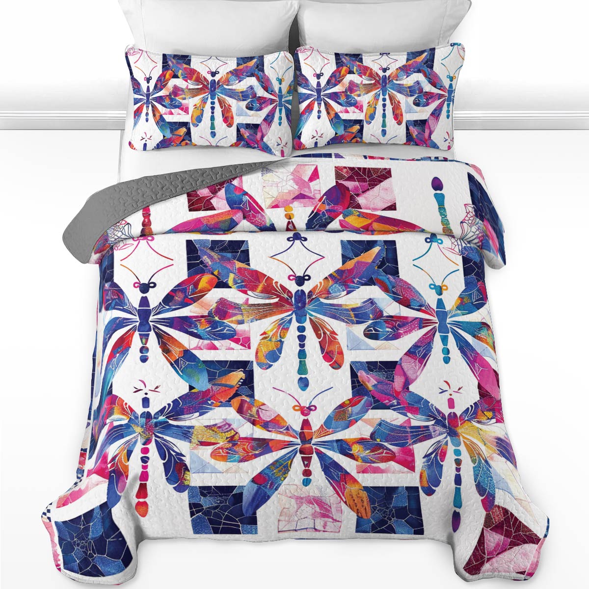 Shineful All Season Quilt 3-Piece Set Vibrant Dragonfly Bliss