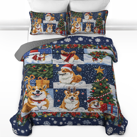 Ensemble de courtepointe toutes saisons Shineful 3 pièces Noël Corgi Love