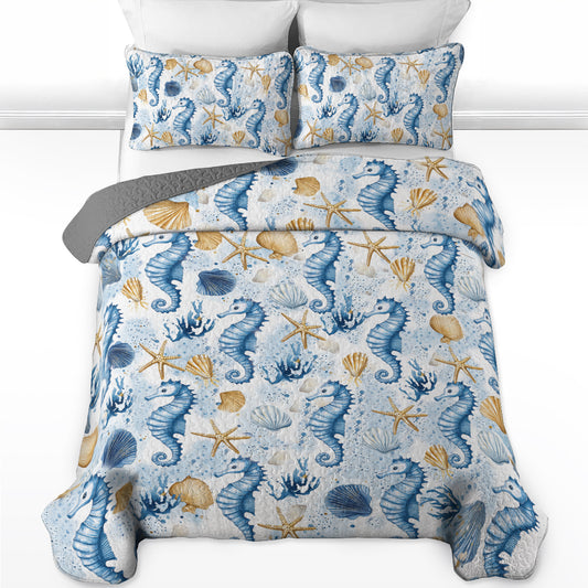 Ensemble de courtepointe toutes saisons Shineful 3 pièces - Couette Seahorse Ocean Dream 