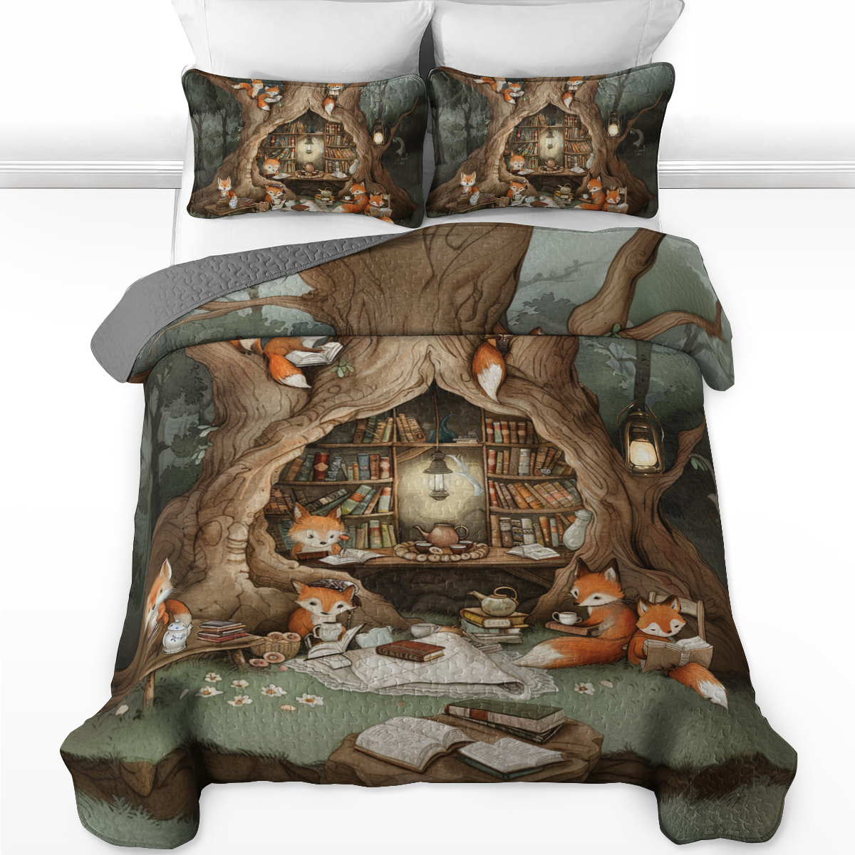 Shineful All Season Quilt 3-Piece Set Cozy Fox Book Nook