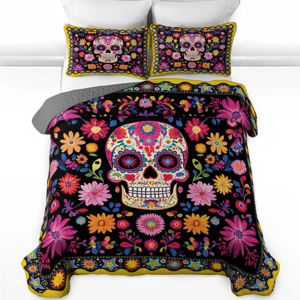 Shineful All Season Quilt 3-Piece Set - Vibrant Skull Floral