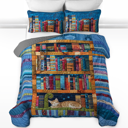 Shineful All Season Quilt 3-Piece Set Bookish Bookshelf Cat