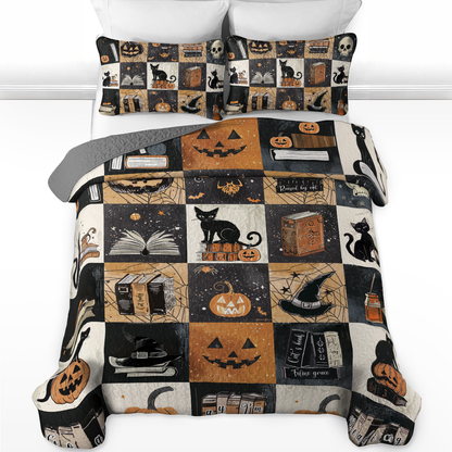 Shineful All Season Quilt 3-Piece Set Halloween Bookish Cat