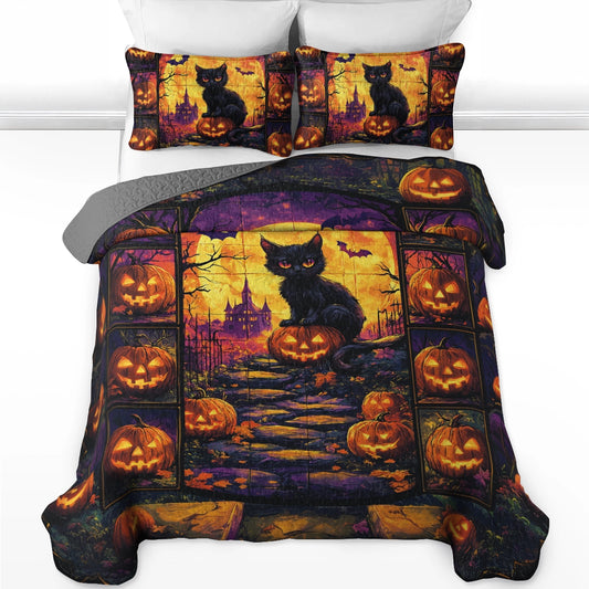 Ensemble de courtepointe toutes saisons Shineful 3 pièces - Spooky Cat Haven