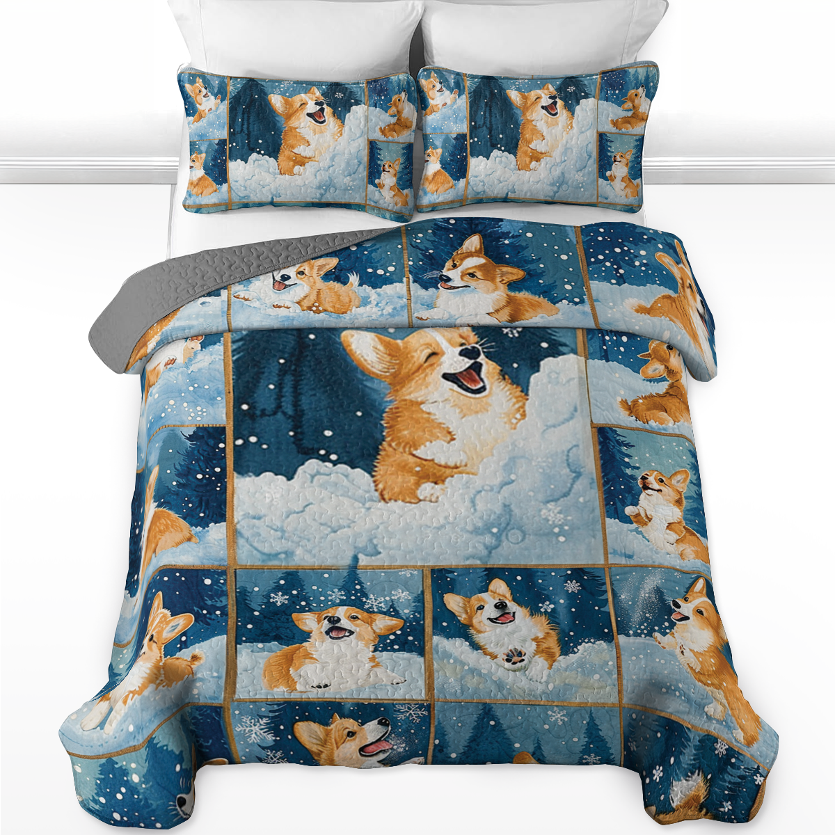 Shineful All Season Quilt 3-Piece Set Happy Snowy Corgi