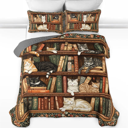 Shineful All Season Quilt 3-Piece Set Book Nook Cats Reading