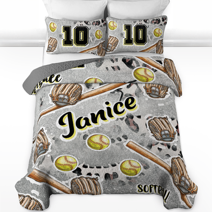 Shineful Personalized All Season Quilt 3-Piece Set All-Star Softball Love