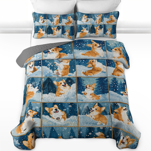 Ensemble de courtepointe toutes saisons Shineful 3 pièces Winter Corgi Joy