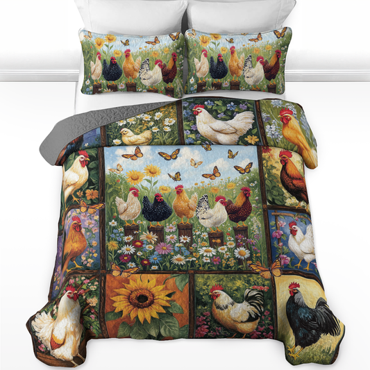 Ensemble de courtepointe toutes saisons Shineful 3 pièces Chicken Garden Charm