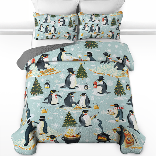 Shineful All Season Quilt 3-Piece Set Emperor Penguin Holiday Fun