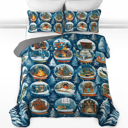 Shineful All Season Quilt 3-Piece Set Frosty Bibliophile's Dream