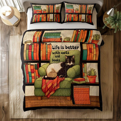 Shineful All Season Quilt 3-Piece Set Cats & Books