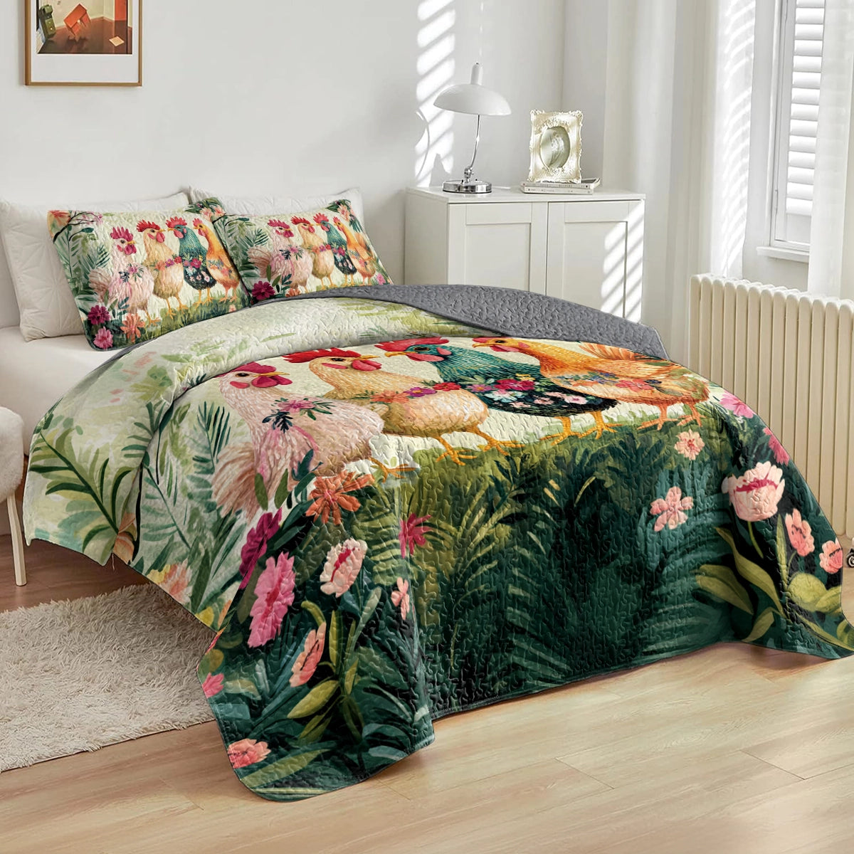 Shineful All Season Quilt 3-Piece Set Chicken Tropical Cluck Quilt