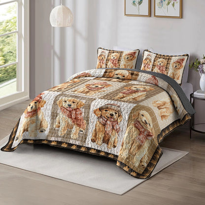 Shineful All Season Quilt 3-Piece Set Golden Retriever Puppies Cozy Moments