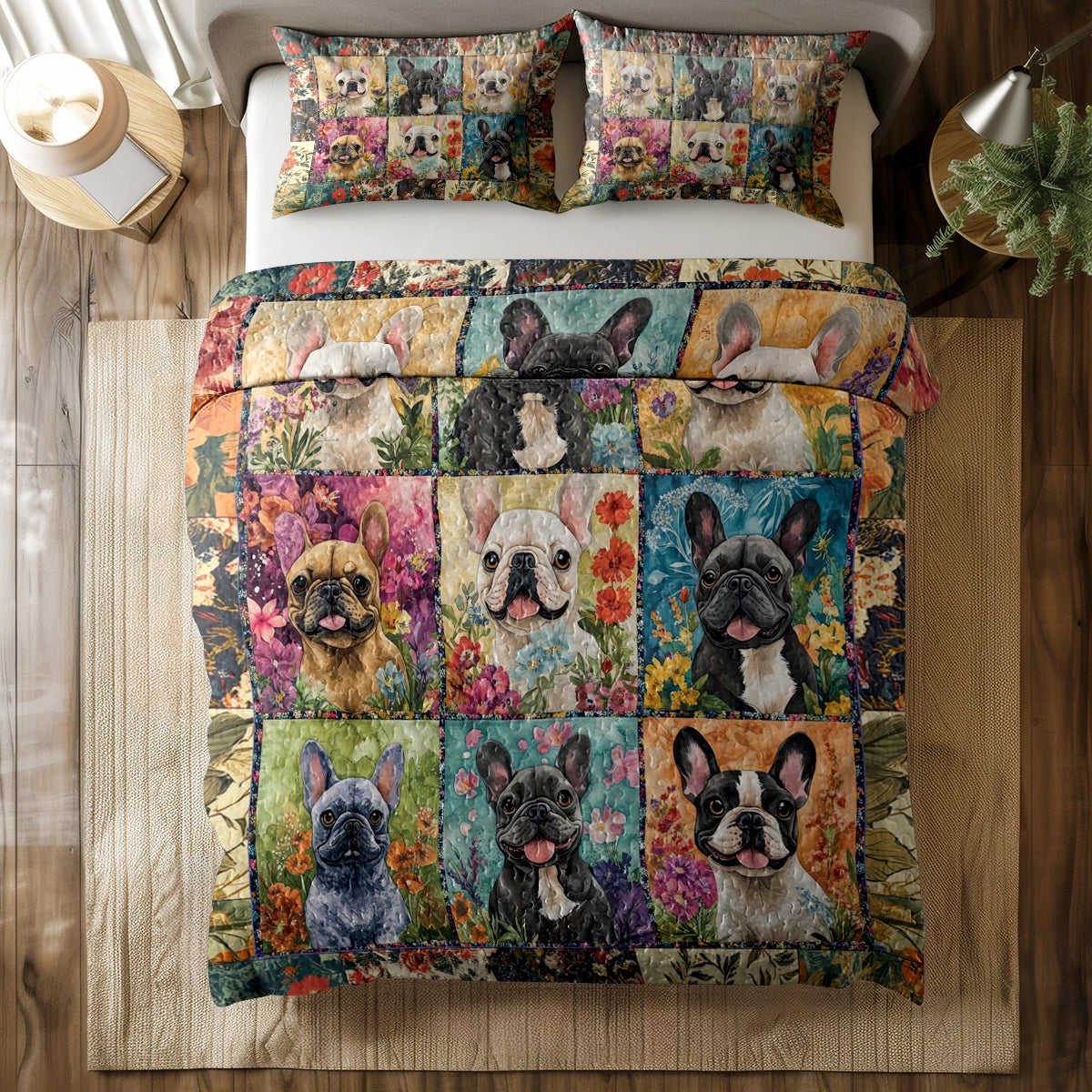 Shineful All Season Quilt 3-Piece Set - French Bulldog Garden