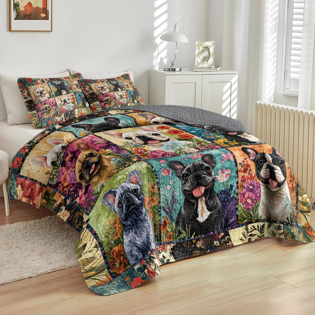 Shineful All Season Quilt 3-Piece Set - French Bulldog Garden