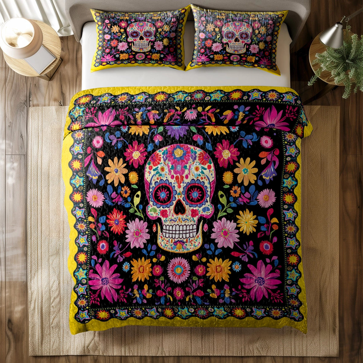 Shineful All Season Quilt 3-teiliges Set - Lebendiges Totenkopf-Blumenmuster