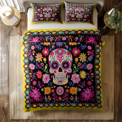 Shineful All Season Quilt 3-Piece Set - Vibrant Skull Floral