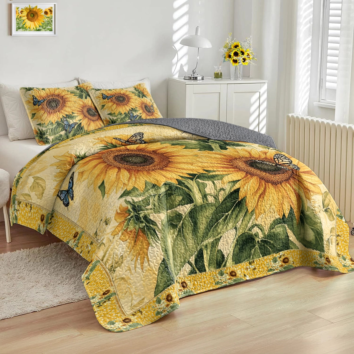 Ensemble de courtepointe toutes saisons Shineful 3 pièces - Golden Sunflower Dreams